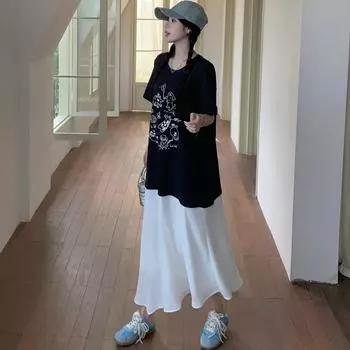 Dimanaf Женское платье 2025 размера плюс Свободное летнее винтажное платье Базовое длинное повседневное платье-рубашка с принтом Макси L темно-синий