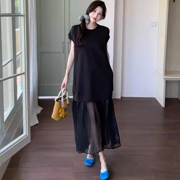 Dimanaf Женское платье 2025 размера плюс Свободное летнее винтажное платье Базовое длинное повседневное платье-рубашка Макси L чёрный