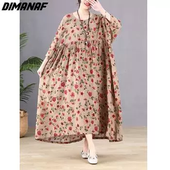 DIMANAF Женское платье больших размеров 2023, новое летнее стильное платье с длинным рукавом и круглым вырезом, свободное платье с цветочным принтом, зеленые льняные базовые платья one size дубильная кора