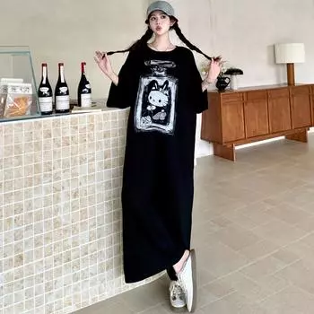 Dimanaf Женское платье больших размеров свободного кроя лето 2025 винтажное платье базовое длинное повседневное с принтом платье-рубашка макси XL чёрный