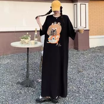 Dimanaf Женское платье больших размеров свободного кроя лето 2025 винтажное платье базовое длинное повседневное с принтом рубашка-платье макси XL чёрный