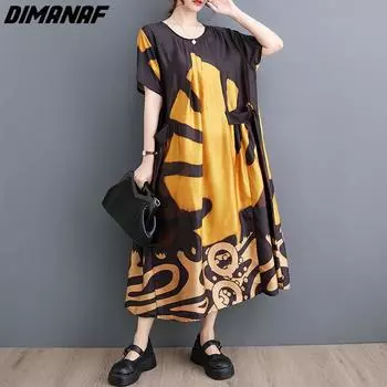 DIMANAF Женское платье больших размеров 2023, новое летнее стильное платье с узором и принтом, свободное платье с круглым вырезом и цветочным принтом, базовые платья, новинка