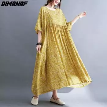 DIMANAF женское платье больших размеров летний пляжный сарафан льняной богемный принт с цветами модное свободное повседневное длинное платье большого размера желтого цвета