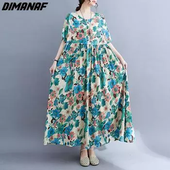 DIMANAF Женское платье больших размеров 2023, новое летнее стильное платье с длинным рукавом, винтажное свободное платье с цветочным принтом, базовые льняные платья