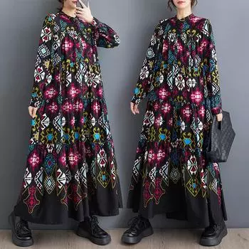 DIMANAF женское платье больших размеров 2024, весеннее стильное платье, элегантное длинное платье с цветочным принтом, винтажное базовое свободное платье миди больших размеров