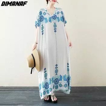 DIMANAF женское платье больших размеров 2023, новое летнее стильное платье с длинным рукавом и v-образным вырезом, свободное платье с цветочным принтом, белые льняные базовые платья