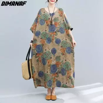 DIMANAF женское платье больших размеров 2023, новое летнее стильное платье с коротким рукавом и круглым вырезом, свободное платье с цветочным принтом, базовые льняные платья one size дубильная кора
