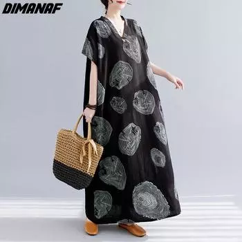 DIMANAF Женское платье больших размеров 2023, новое летнее стильное платье с длинным рукавом и v-образным вырезом, свободное платье с цветочным принтом, синие льняные базовые платья