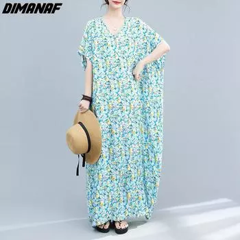 DIMANAF Женское платье больших размеров 2023, новое летнее стильное платье с коротким рукавом и v-образным вырезом, свободное платье с цветочным принтом, льняные базовые синие платья