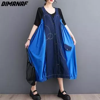 DIMANAF Женское платье больших размеров 2023, новое летнее стильное джинсовое платье без рукавов, свободное платье в стиле пэчворк с цветочным принтом, синие базовые платья