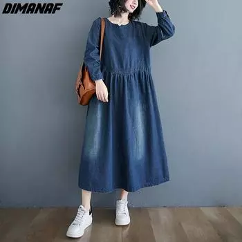 DIMANAF Женское платье больших размеров 2023, новое весеннее платье, джинсовое платье с длинными рукавами, свободное платье, синие базовые платья