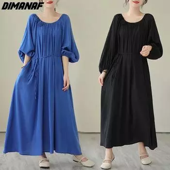 DIMANAF женское платье больших размеров весна-лето оверсайз стильное платье с круглым вырезом и длинным рукавом мягкое базовое свободное хлопковое платье макси