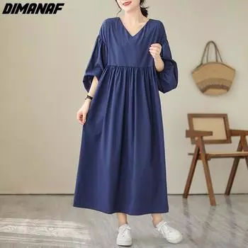 DIMANAF женское платье больших размеров на весну и лето, элегантное однотонное платье с длинными рукавами, свободное плиссированное платье большого размера