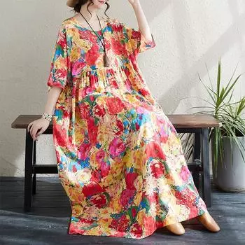 DIMANAF Женское платье больших размеров 2024, новое летнее стильное платье с круглым вырезом и цветочным принтом, зеленое льняное базовое платье 8816