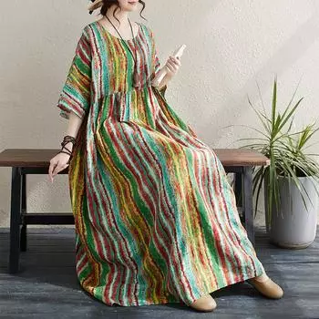 DIMANAF женское платье больших размеров 2024, новое летнее стильное платье с круглым вырезом и цветочным принтом, зеленое льняное базовое платье 8819