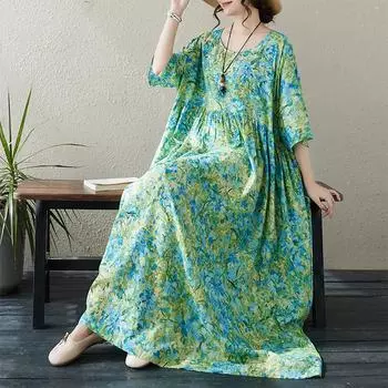 DIMANAF, женское платье больших размеров, новинка 2024 года, летнее стильное платье, свободное платье с круглым вырезом и цветочным принтом, зеленые льняные базовые платья 8818