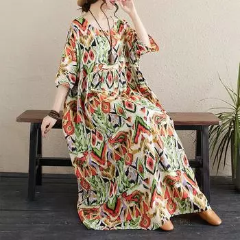 DIMANAF Женское платье больших размеров 2024, новое летнее стильное платье с круглым вырезом и цветочным принтом, зеленое льняное базовое платье 8815