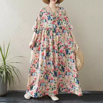 DIMANAF Женское платье больших размеров 2024, новое летнее стильное платье с круглым вырезом и цветочным принтом, зеленое льняное базовое платье 8812