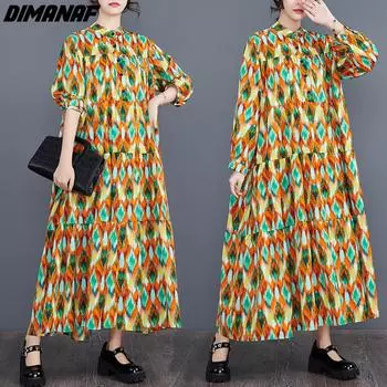 DIMANAF женское платье больших размеров весна-лето свободное платье оверсайз элегантное женское платье с длинными рукавами и принтом на пуговицах шифоновое платье-рубашка