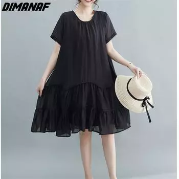 DIMANAF женское платье больших размеров 2023, новое летнее стильное шифоновое платье с круглым вырезом, однотонное свободное платье, базовые платья, новинка