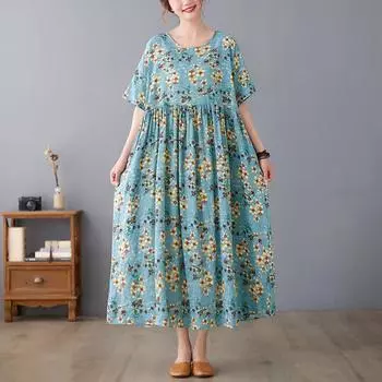 DIMANAF Женское платье больших размеров 2024, новое летнее стильное платье с круглым вырезом и цветочным принтом, зеленое льняное базовое платье 7271