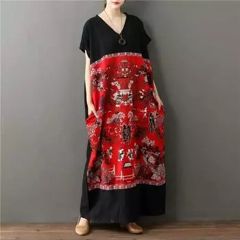 DIMANAF Женское платье больших размеров 2024, новое летнее стильное платье с v-образным вырезом и цветочным принтом, зеленое льняное базовое платье 58497 One Size чёрный