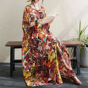 DIMANAF Женское платье больших размеров 2024, новое летнее стильное платье с круглым вырезом и цветочным принтом, зеленое льняное базовое платье 8823