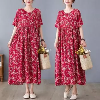 DIMANAF Женское платье больших размеров 2024, новое летнее стильное платье с круглым вырезом и цветочным принтом, зеленое льняное базовое платье 7269