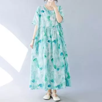DIMANAF Женское платье больших размеров 2024, новое летнее стильное платье с круглым вырезом и цветочным принтом, зеленое льняное базовое платье 1096 One Size синий