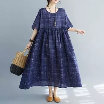 DIMANAF Женское платье больших размеров 2024, новое летнее стильное платье с круглым вырезом и цветочным принтом, зеленое льняное базовое платье 5501