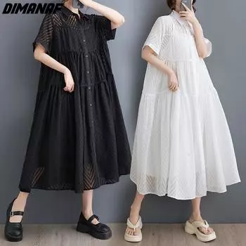 DIMANAF Женское платье больших размеров 2024, новое летнее модное элегантное женское платье, длинное свободное платье, повседневное базовое однотонное платье с вырезами