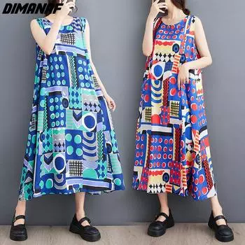 DIMANAF женское платье больших размеров 2024, новое летнее пляжное платье с круглым вырезом без рукавов, свободное платье с принтом, длинные платья