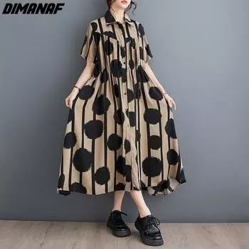 DIMANAF Женское платье больших размеров 2024, новое летнее платье в стиле оверсайз, свободное платье, базовые плиссированные платья с волнистым принтом