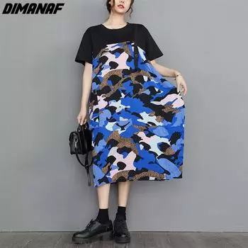 DIMANAF, женское платье больших размеров, новинка 2024 года, летнее платье с круглым вырезом, камуфляжный дизайн, свободное платье, хлопковые базовые синие платья