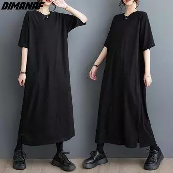 DIMANAF Женское платье больших размеров 2024, новое летнее платье-рубашка оверсайз, однотонное черное повседневное свободное платье, винтажное базовое хлопковое длинное платье