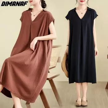 DIMANAF Женское платье больших размеров 2024, новое летнее платье с v-образным вырезом, свободное женское платье, элегантное базовое однотонное винтажное платье