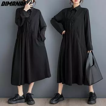 DIMANAF Женское платье больших размеров 2024, новое летнее платье большого размера, свободное платье, однотонное черное базовое плиссированное платье с длинным рукавом