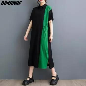 DIMANAF Женское платье больших размеров 2024, новое летнее платье-рубашка оверсайз, повседневное свободное платье, базовые хлопковые длинные платья