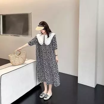 DIMANAF Женское платье больших размеров 2024, новое летнее платье-футболка большого размера, повседневное платье, хлопковые оборки с цветочным принтом, свободные модные длинные платья с круглым вырезом