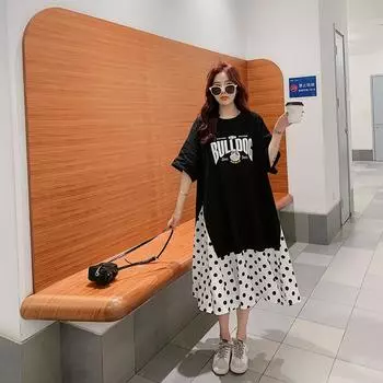 DIMANAF Женское платье больших размеров 2024, новое летнее платье большого размера, повседневное длинное платье, винтажное базовое свободное шифоновое длинное платье-футболка в горошек