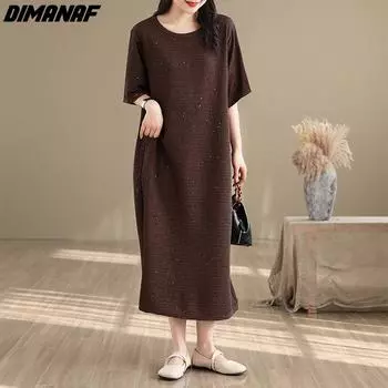 DIMANAF Женское платье больших размеров 2024, новое летнее платье-рубашка оверсайз, повседневное свободное платье, винтажное базовое длинное платье с круглым вырезом, однотонное