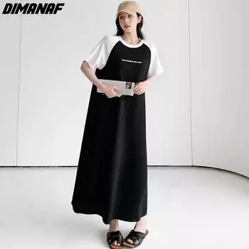 DIMANAF Женское платье больших размеров 2024, новое летнее длинное хлопковое платье большого размера с коротким рукавом, повседневное свободное платье, базовые длинные черные платья