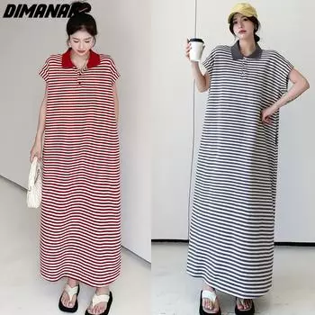 DIMANAF женское платье больших размеров, новинка 2024 года, летнее длинное платье большого размера, повседневное свободное платье, полосатые длинные платья с коротким рукавом