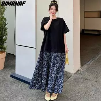 DIMANAF Женское платье больших размеров 2024, летнее длинное платье большого размера, повседневное платье с цветочным принтом, свободные платья с короткими рукавами, черное