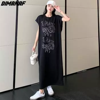 DIMANAF женское платье больших размеров, новинка 2024 года, летнее хлопковое платье большого размера, повседневное свободное тонкое платье с коротким рукавом, длинные черные платья