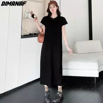 DIMANAF Женское платье больших размеров, новинка 2024 года, летнее хлопковое платье большого размера, повседневное свободное платье с разрезом, длинные платья с короткими рукавами, черные