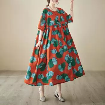 DIMANAF женское платье больших размеров 2024, новое летнее стильное платье с круглым вырезом и цветочным принтом, зеленое льняное базовое платье 5040
