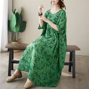 DIMANAF Женское платье больших размеров 2024, новое летнее стильное платье с круглым вырезом и цветочным принтом, зеленое льняное базовое платье 5024