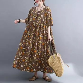 DIMANAF Женское платье больших размеров 2024, новое летнее стильное платье с круглым вырезом и цветочным принтом, зеленое льняное базовое платье 5048