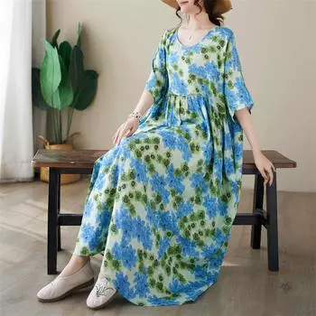 DIMANAF женское платье больших размеров 2024, новое летнее стильное платье с круглым вырезом и цветочным принтом, зеленое льняное базовое платье 5023